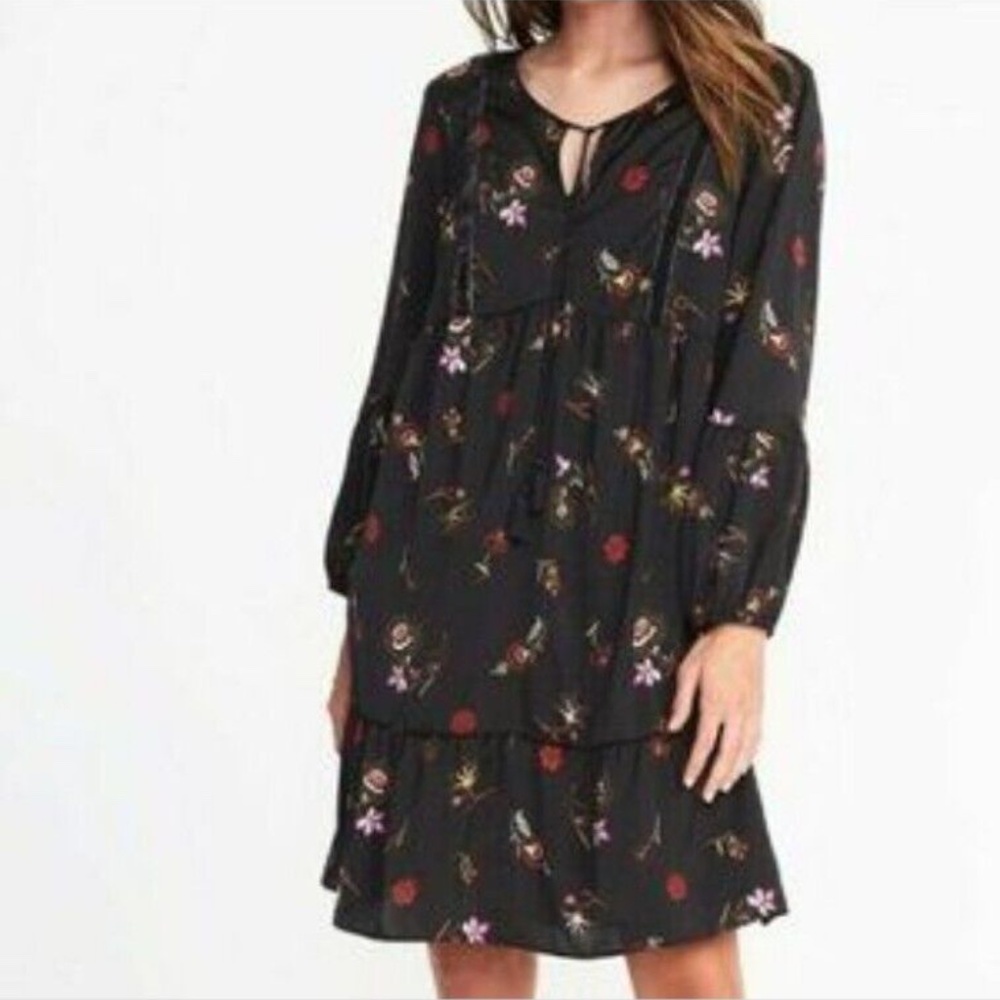 Old Navy Velvet Trim Black Floral Long Sleeve Dress size Large Tie Neck